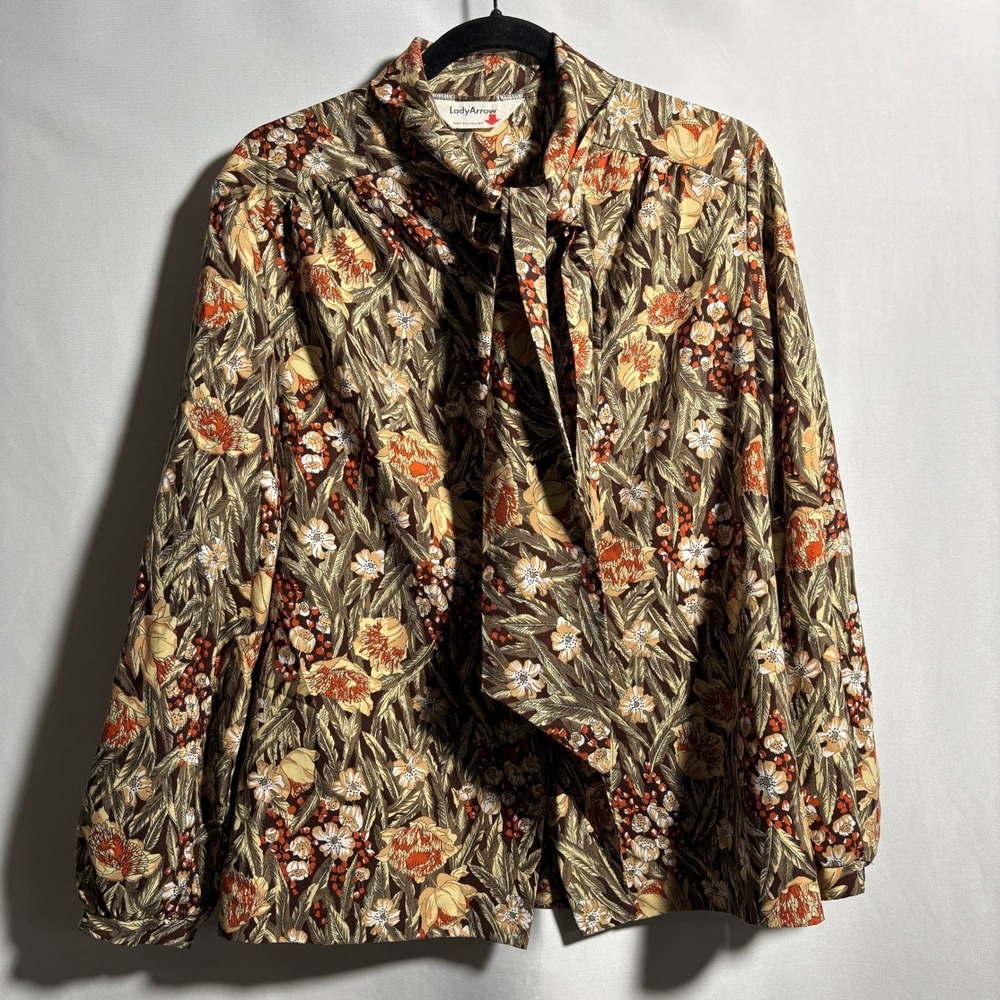 VTG 70s Lady Arrow Floral Tie Neck Brown Orange Long Sleeve Secretary Top XL